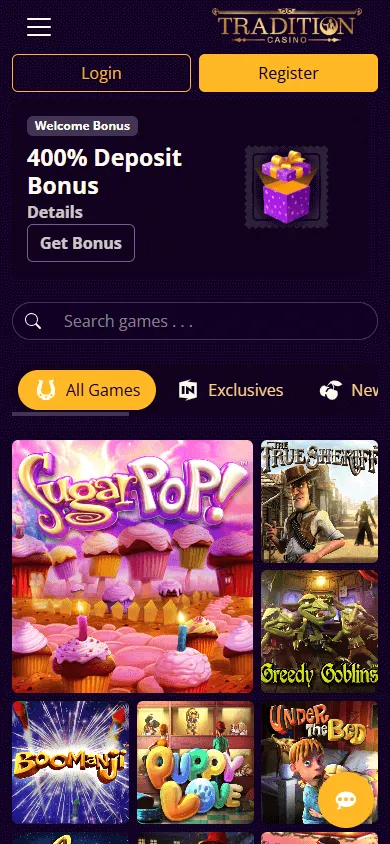Tradition Casino home experience on a mobile device