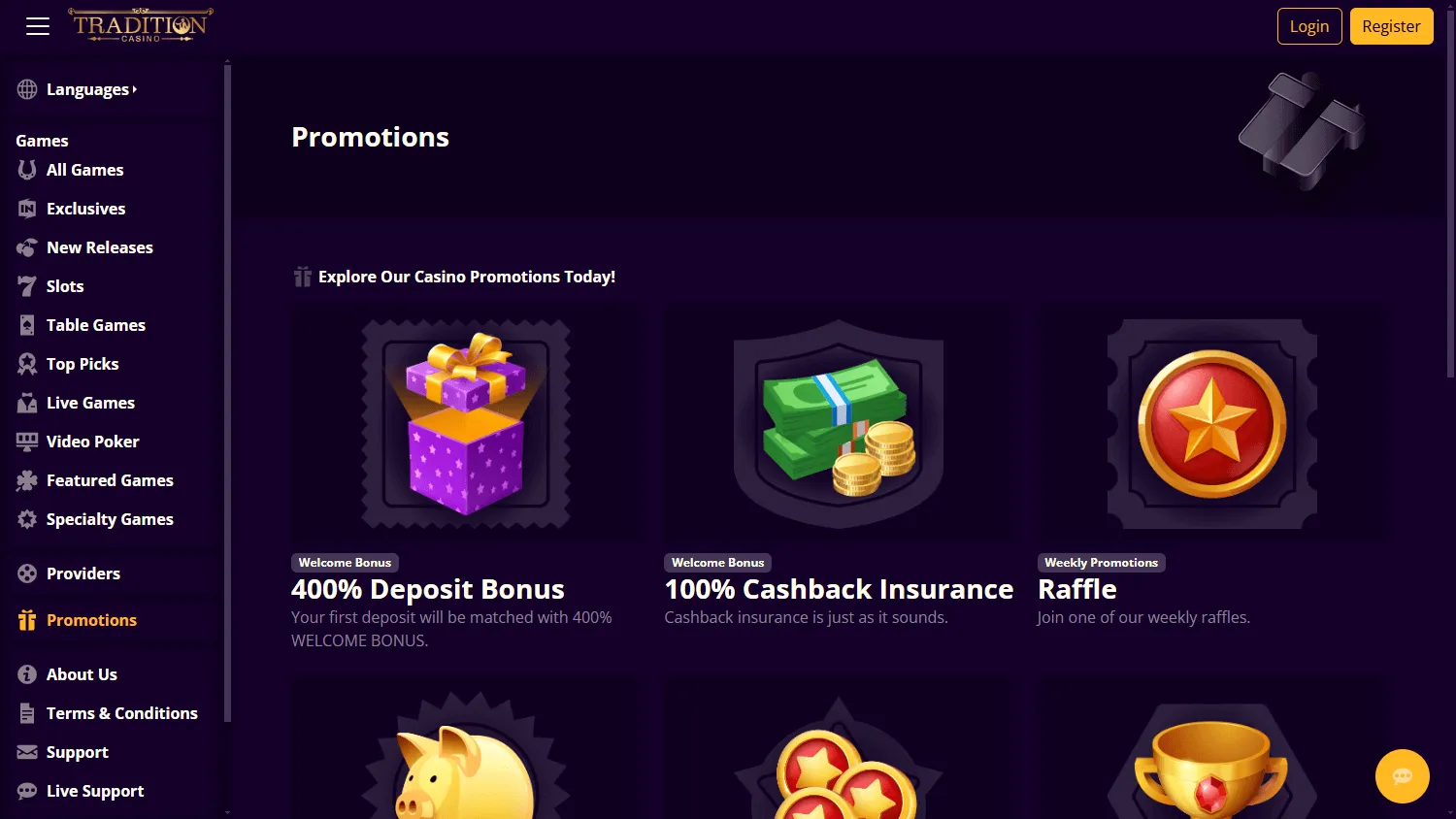 Tradition Casino promotions displayed on a desktop computer