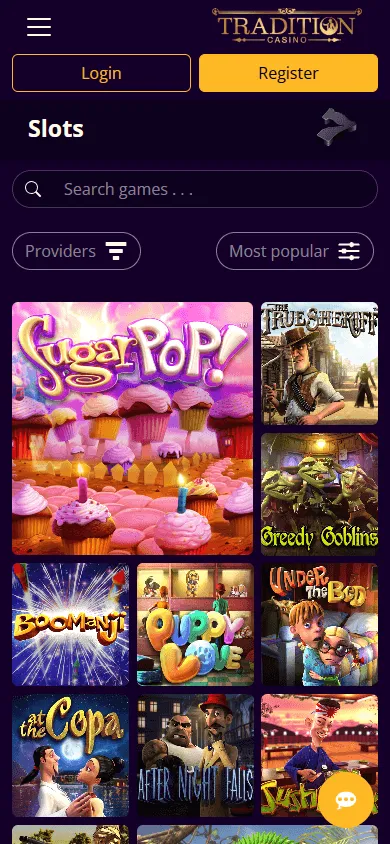 Tradition Casino game library displayed on a mobile device
