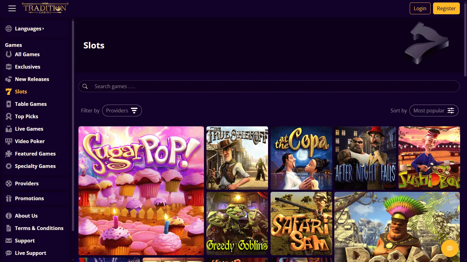 Tradition Casino game library displayed on a desktop computer