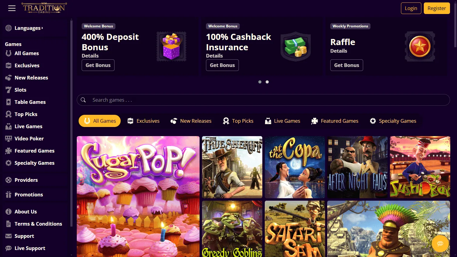 Tradition Casino home experience on a desktop computer